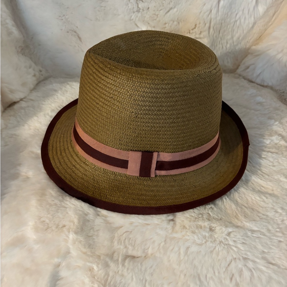 J. Crew Fedora Straw Hat with Brown Burgundy Ribbon Rim, Ribbon Trim, NWOT, M/L - Picture 2 of 6
